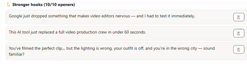 Real FlipIt output — three scroll-stopping hooks generated from one viral video
